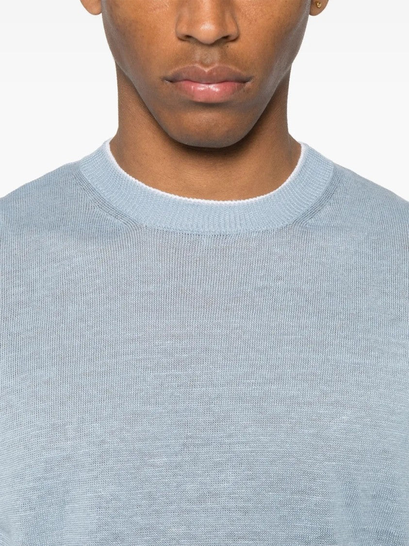 Eleventy Baby Blue T-Shirt With Striped Trim