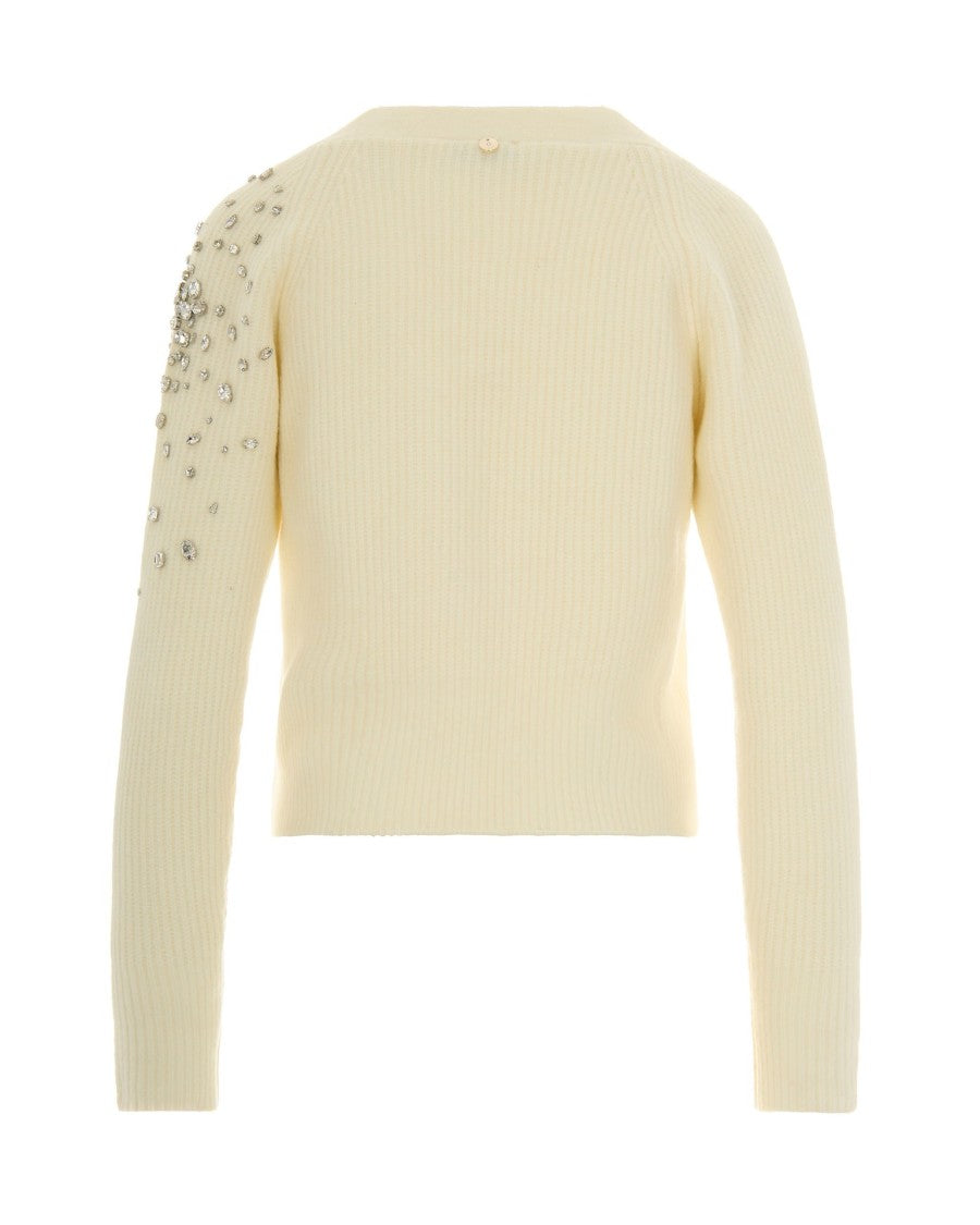 Liu Jo White Wool Cardigan With Rhinestones