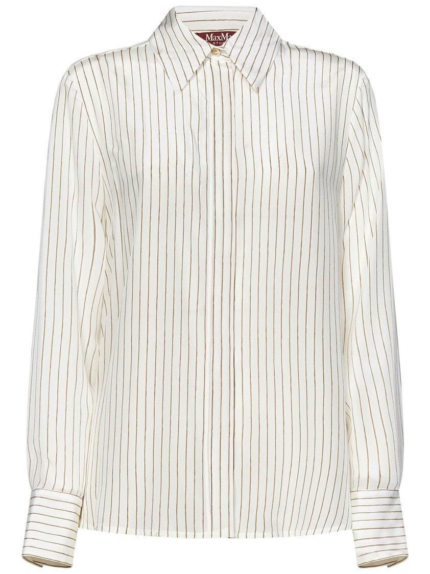 Max Mara Refined Ivory Silk Shirt With Subtle Beige Stripes