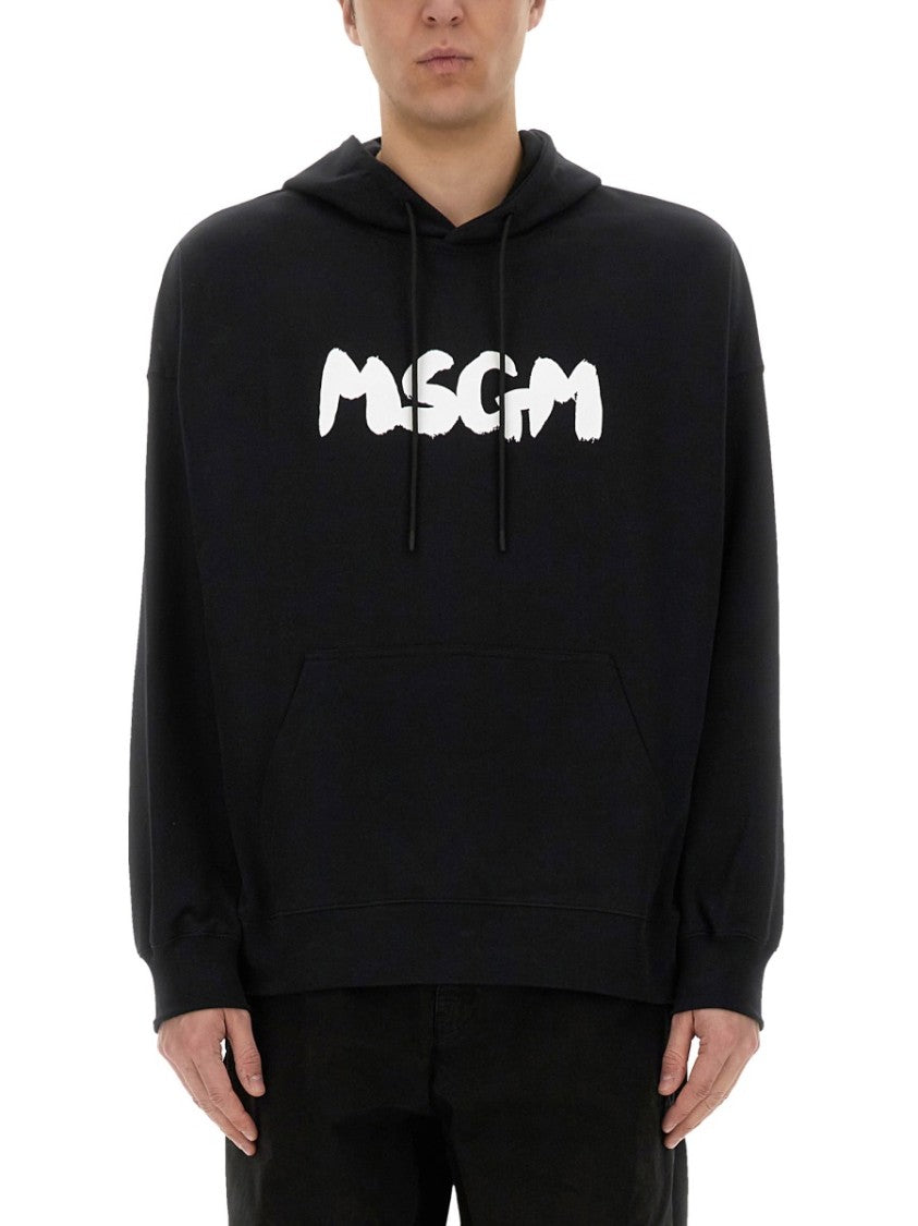 Msgm Black Hoodie With Spacious Hood And Graphic Logo