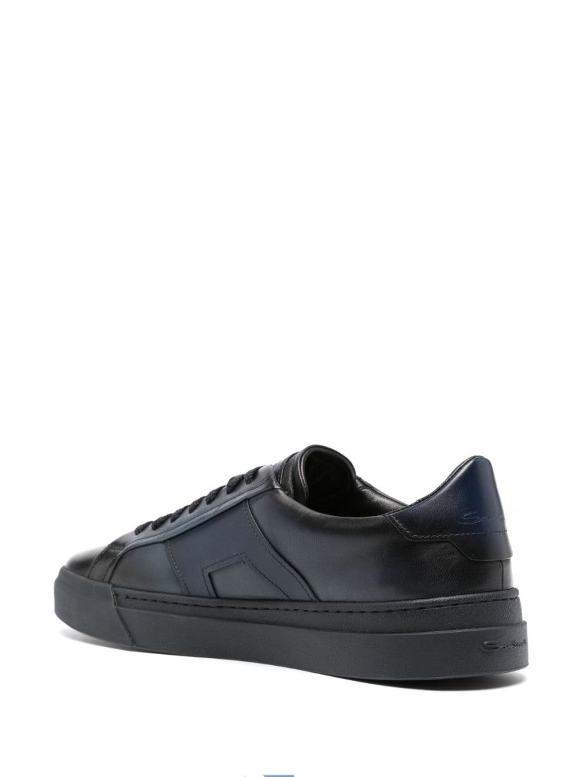 Santoni Navy Blue Calf Leather Lace-Up Sneakers