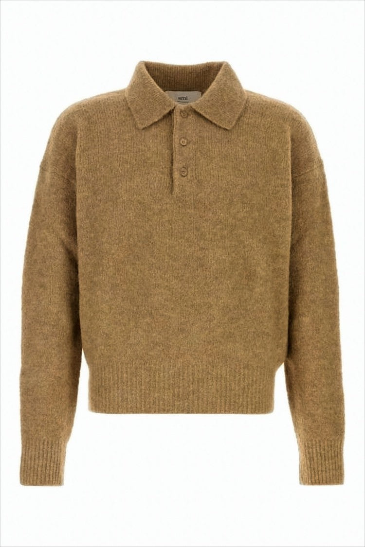 Ami Paris Cropped Long-Sleeve Polo Sweater In Soft Alpaca Blend