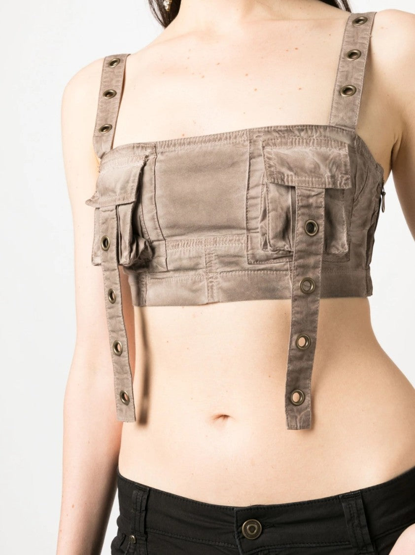 Blumarine Coffee Colored Top With Pockets And Adjustable Straps For Versatile Styling