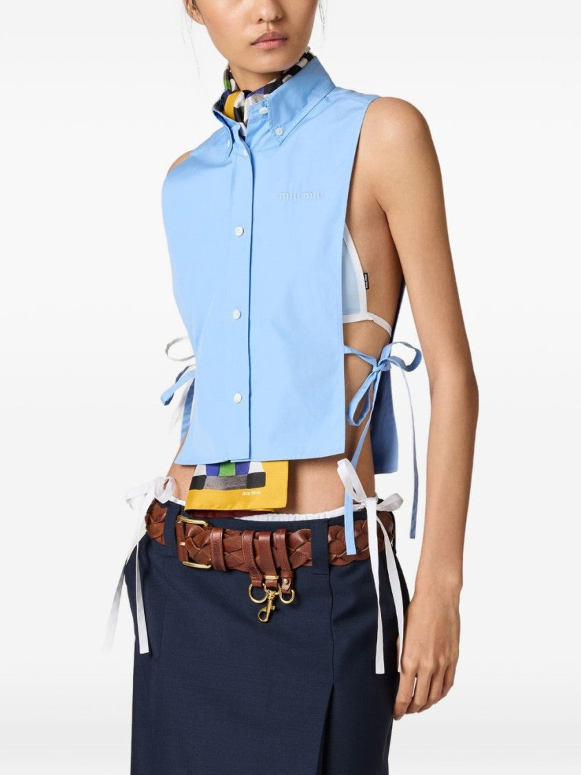 Miu Miu Cropped Sleeveless Side-Tie Shirt