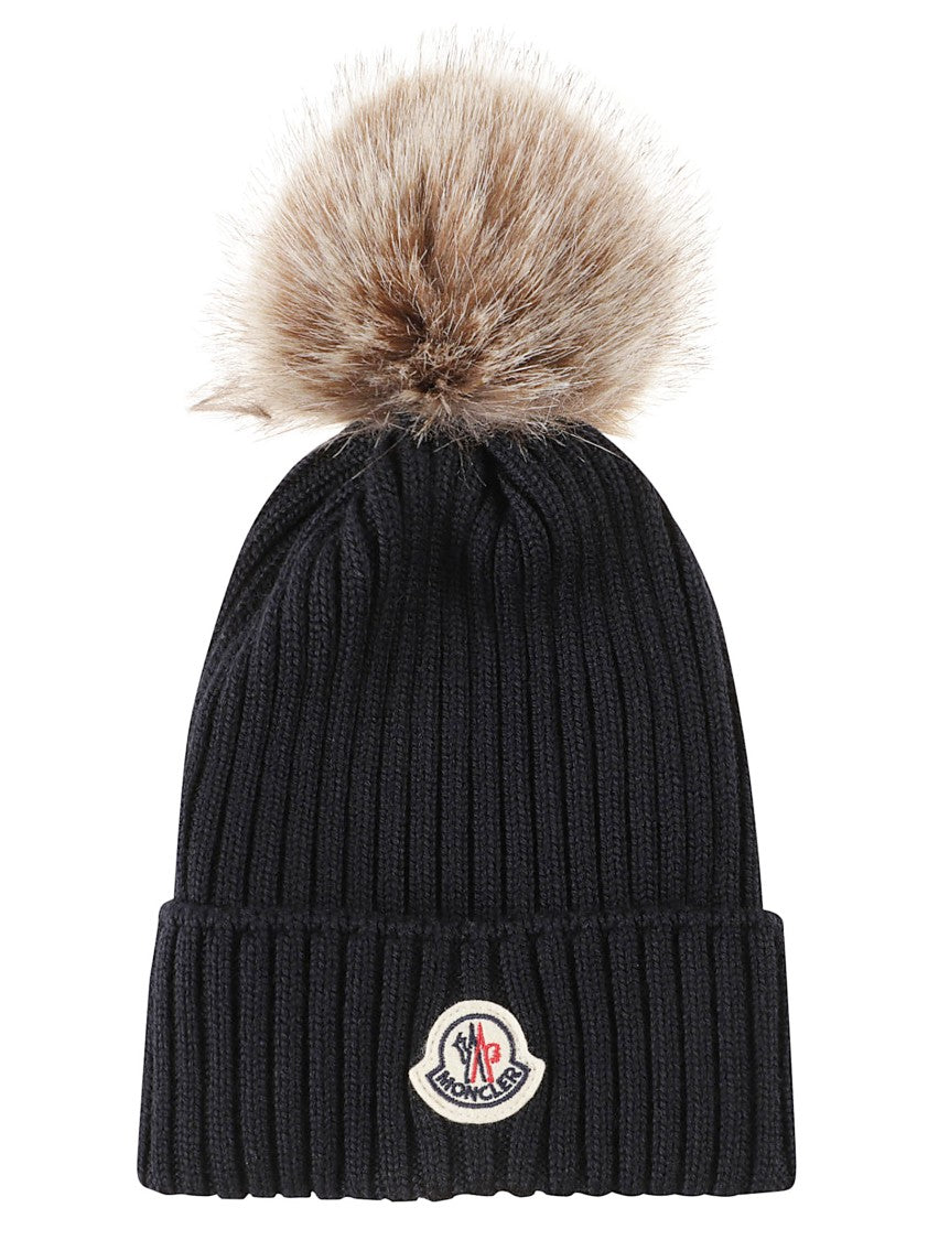 Moncler Kids Pom-Pom Ribbed Knit Beanie Hat