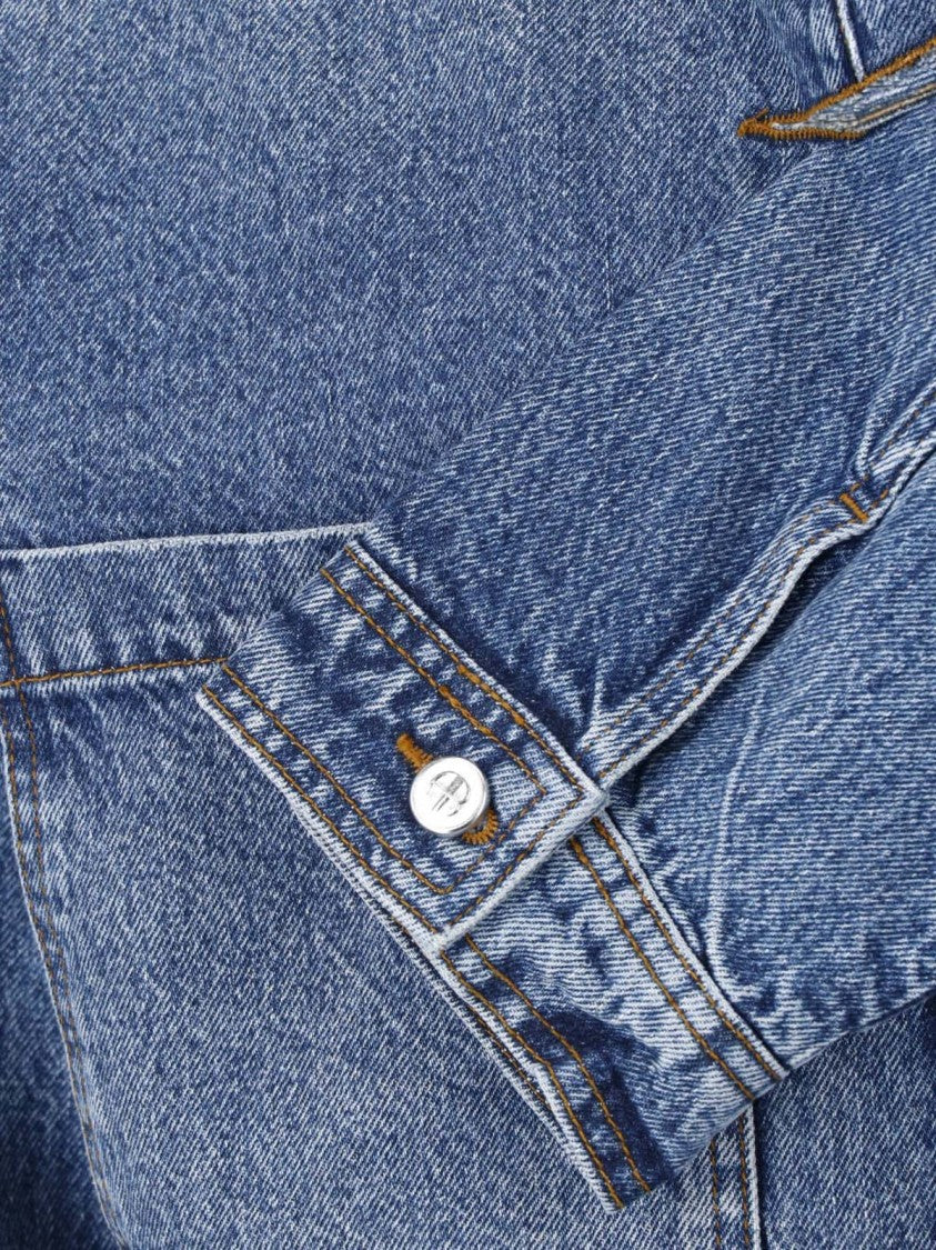 Anine Bing Cropped Blue Denim Jacket With Black Leather Collar