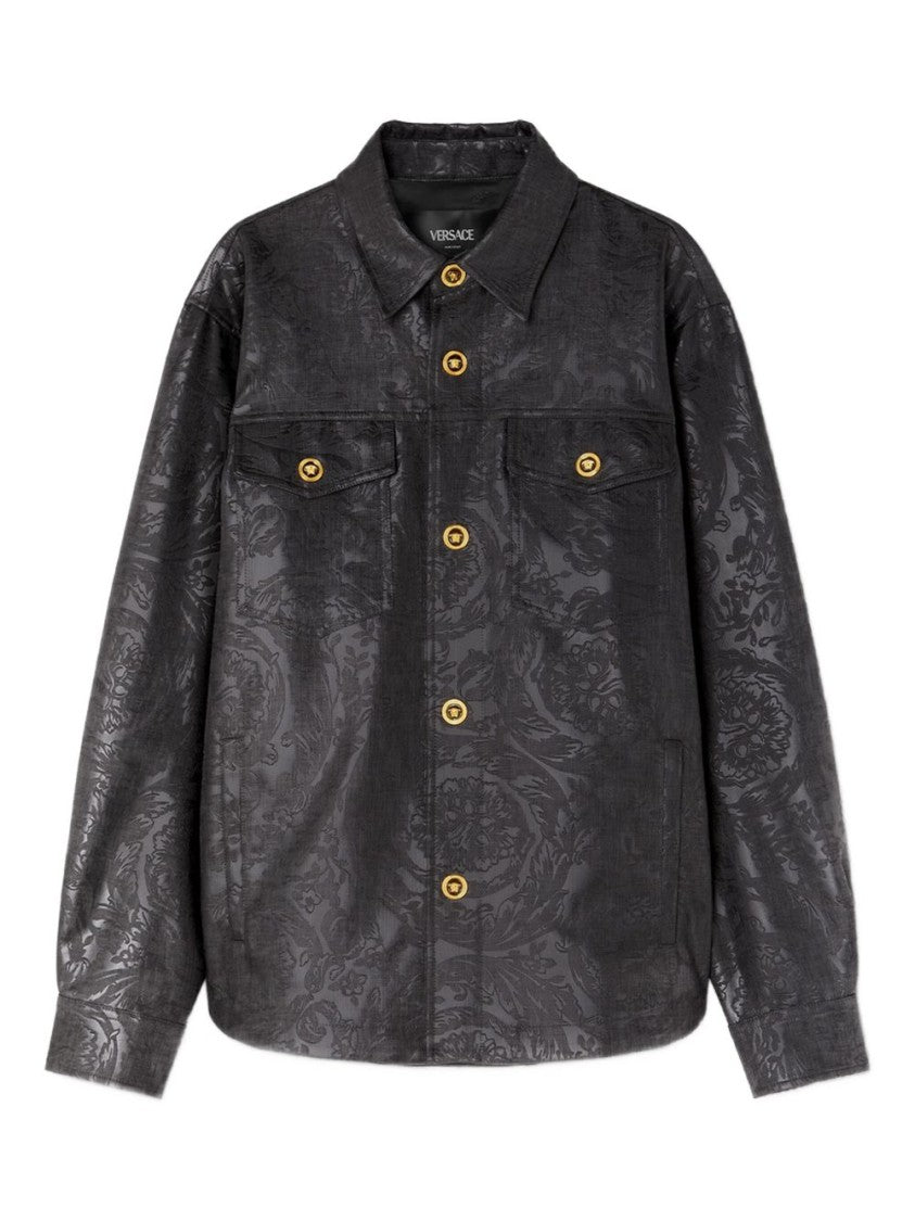 Versace Baroque-Patterned Black Shirt Jacket With Gold Hardware