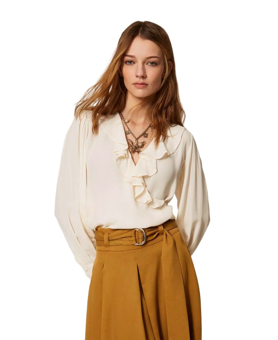 Twin-Set White Viscose-Blend Crêpe De Chine Crossover Ruffled Blouse