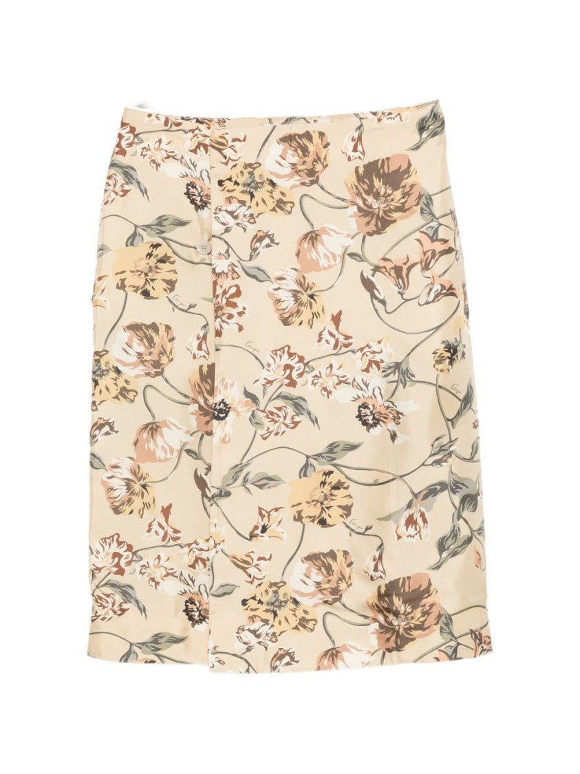 Kenzo Floral Print Silk Skirt With Satin Finish And Concealed Fastening