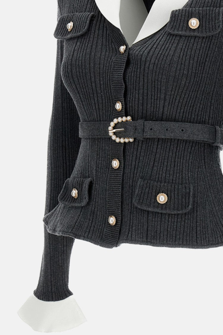 Self-Portrait Grey/White Ribbed Knit Belted Cardigan