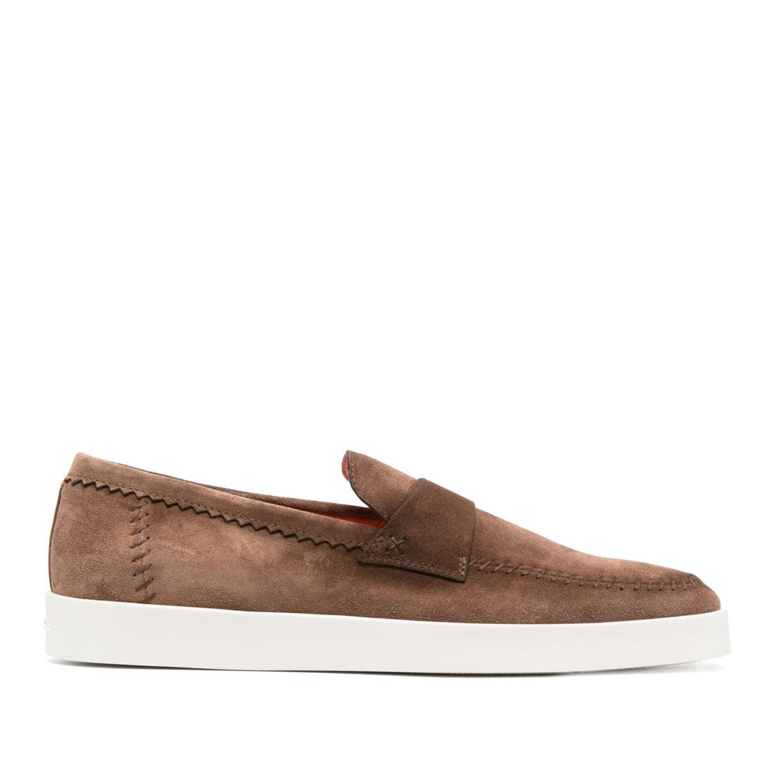Santoni Brown Detailed Stitching Leather Loafers