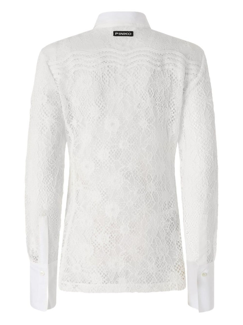 Pinko Long-Sleeved White Shirt With Semi-Transparent Lace Detailing