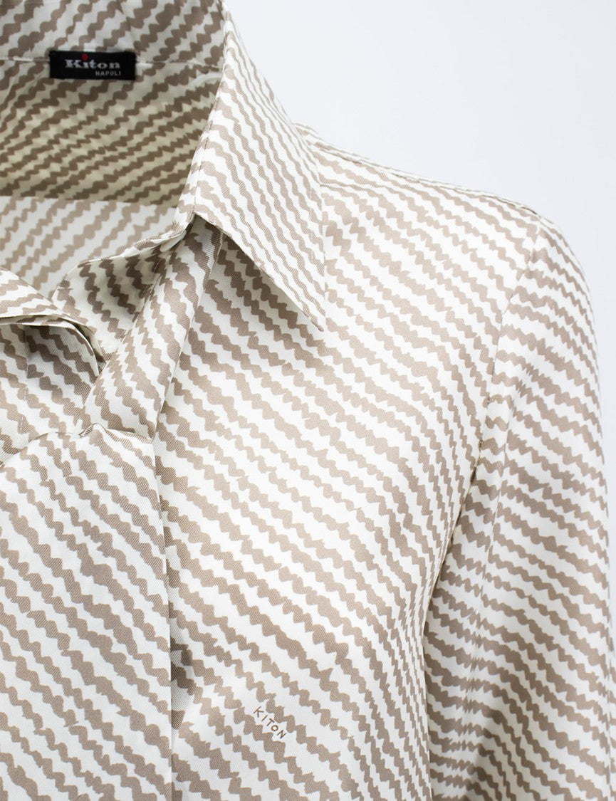 Kiton Printed Pattern Beige Silk Blouse