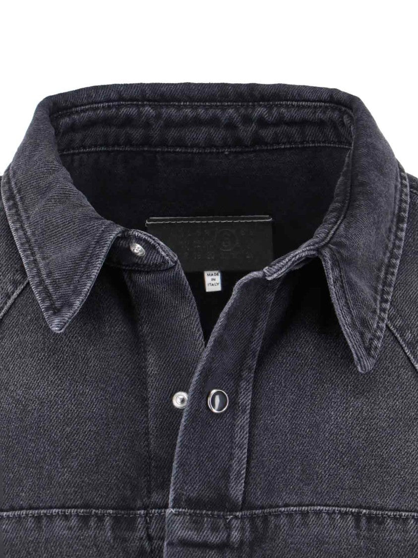 Mm6 By Maison Margiela Black Denim Shirt With Visible Stitching And Curved Hem