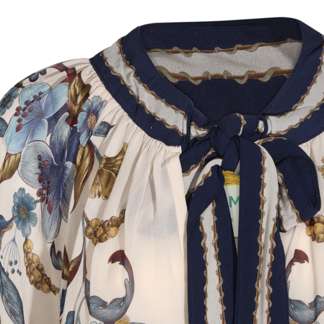 Farm Rio Sheer Floral Puffed Sleeve Tie Neck Blouse
