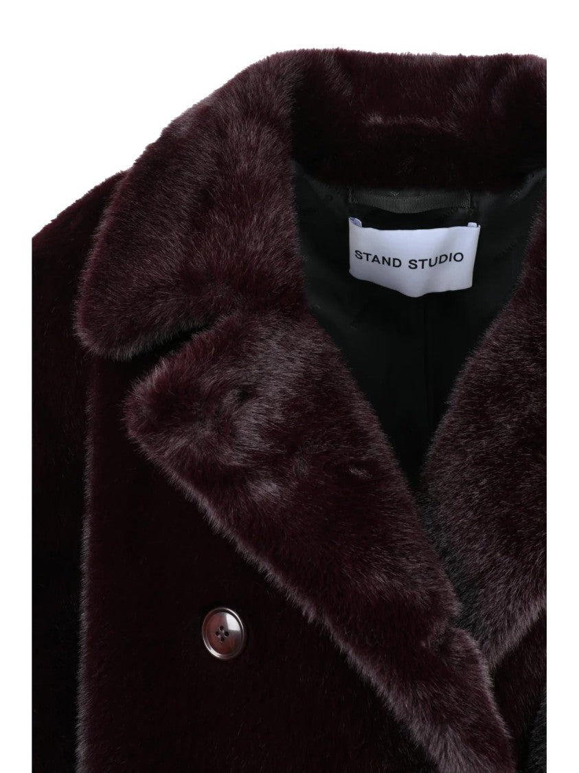 Stand Studio Red Polyester Double-Breasted Long Faux Fur Coat