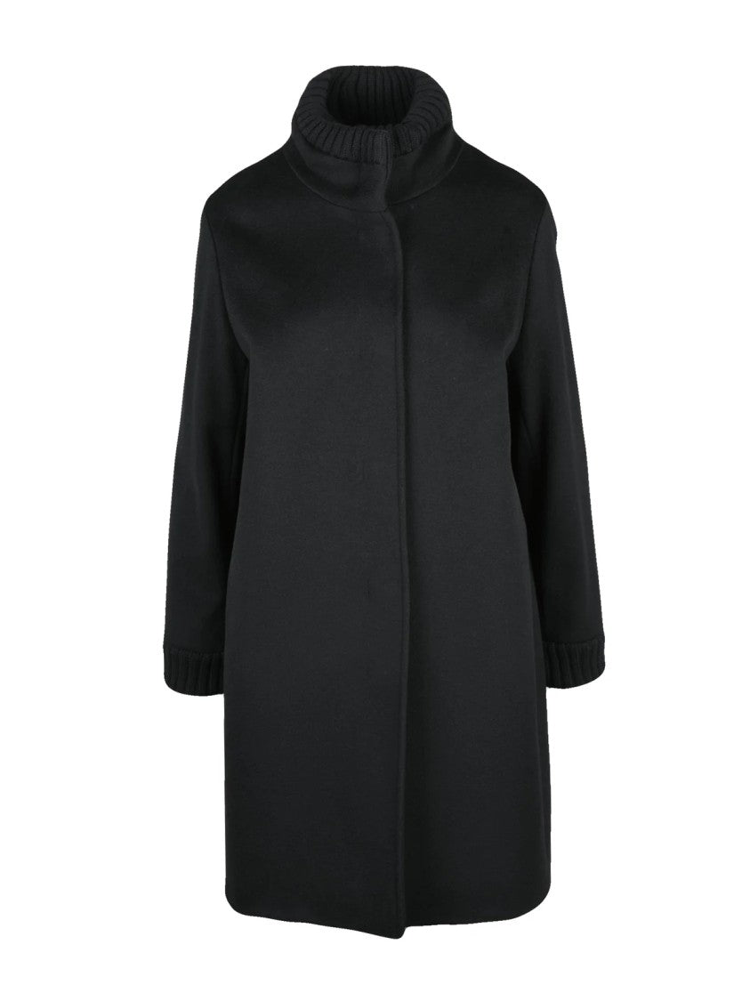 Cinzia Rocca Black Virgin Wool High-Collar Snap Coat