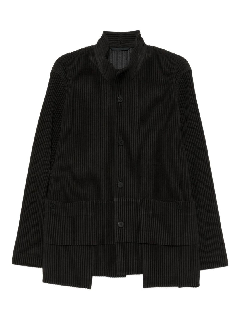 Homme Plissé Issey Miyake Textured Black Shirt With Stand Collar