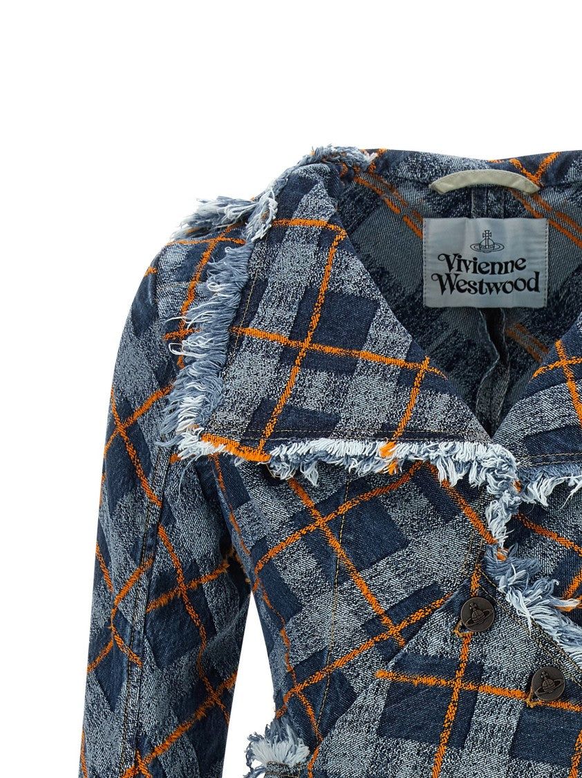 Vivienne Westwood Jacquard Tartan Denim Blazer With Asymmetrical Design And Frayed Edges