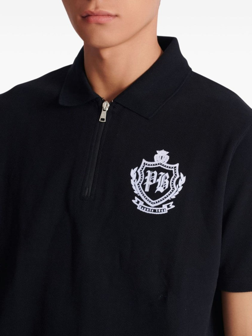 Balmain Black Half-Zip Cotton Embroidered Emblem Polo