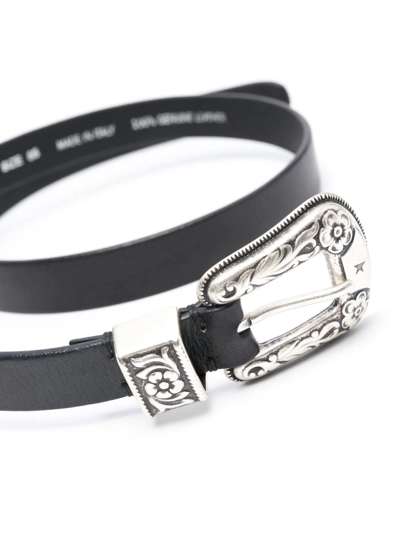 Golden Goose New Ornate Silver Buckle Leather Belt