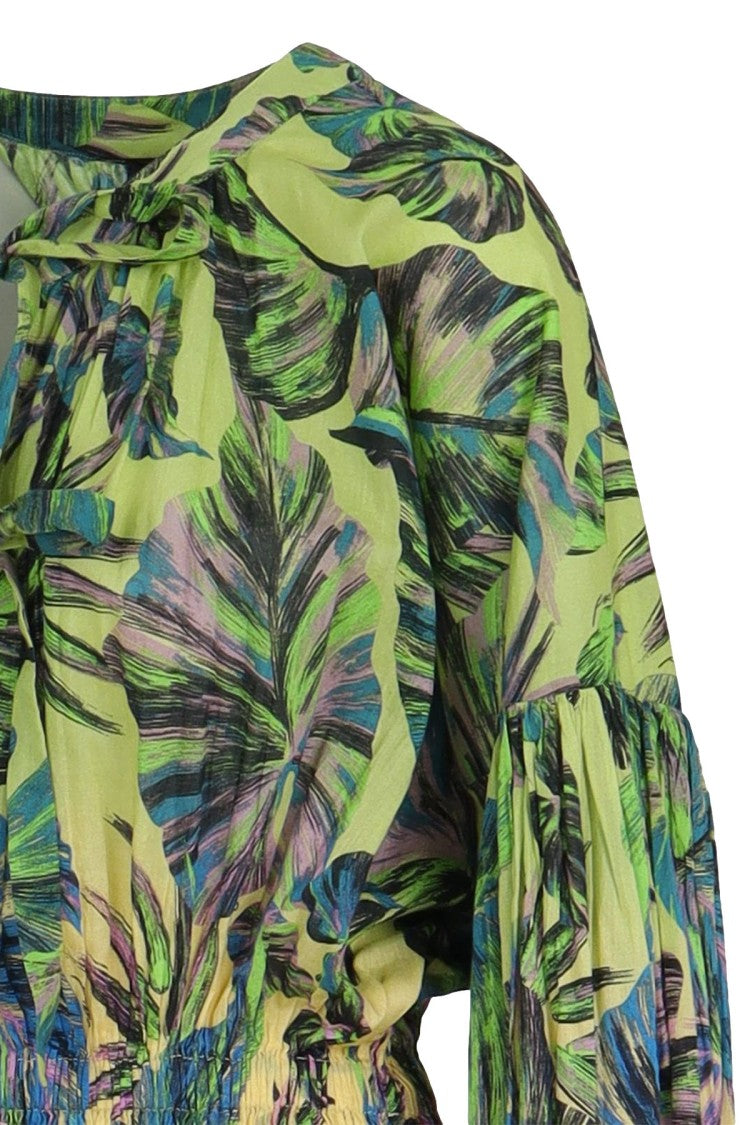 Pinko Green Tropical Leaf Print Tie-Neck Cotton Maxi Dress