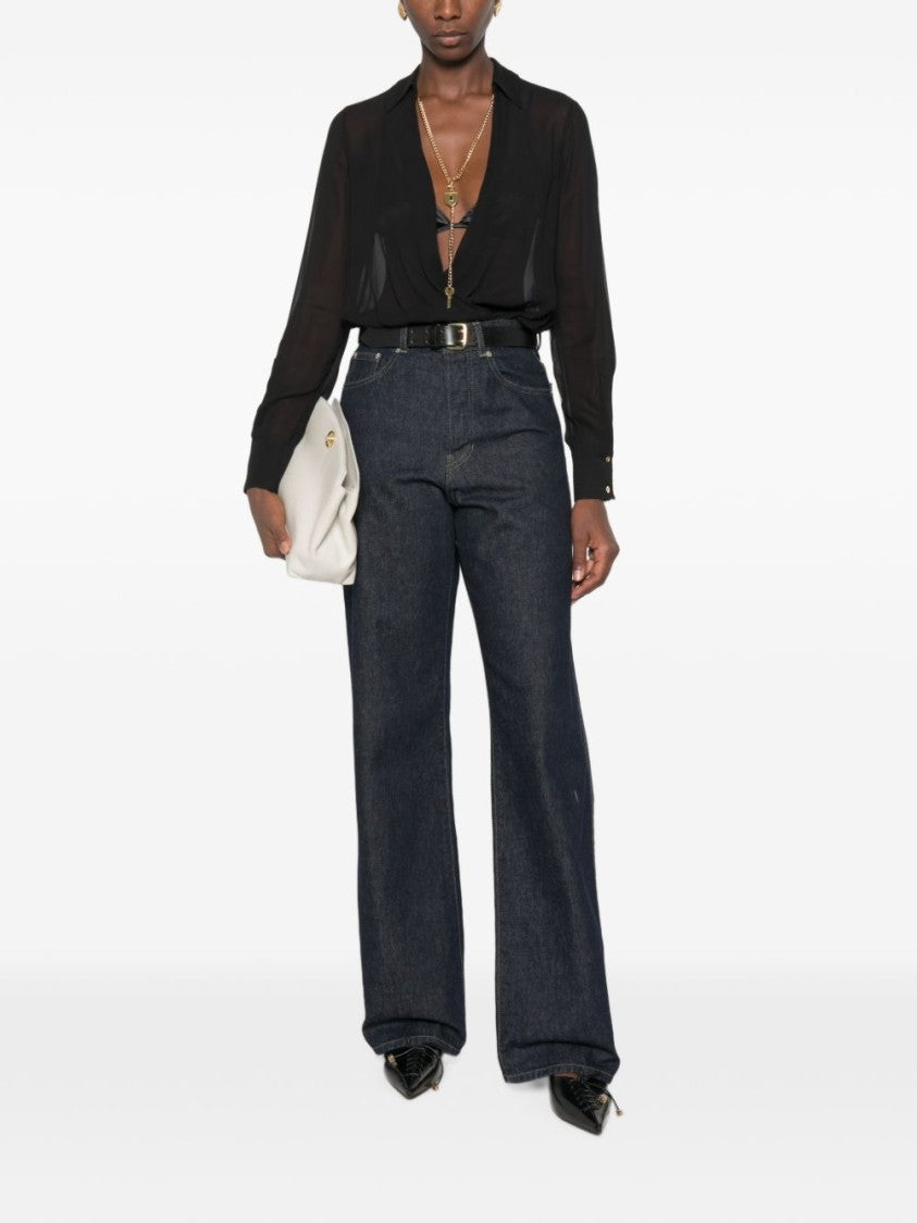 Elisabetta Franchi Black Sheer Bodysuit Gold Chain Shirt