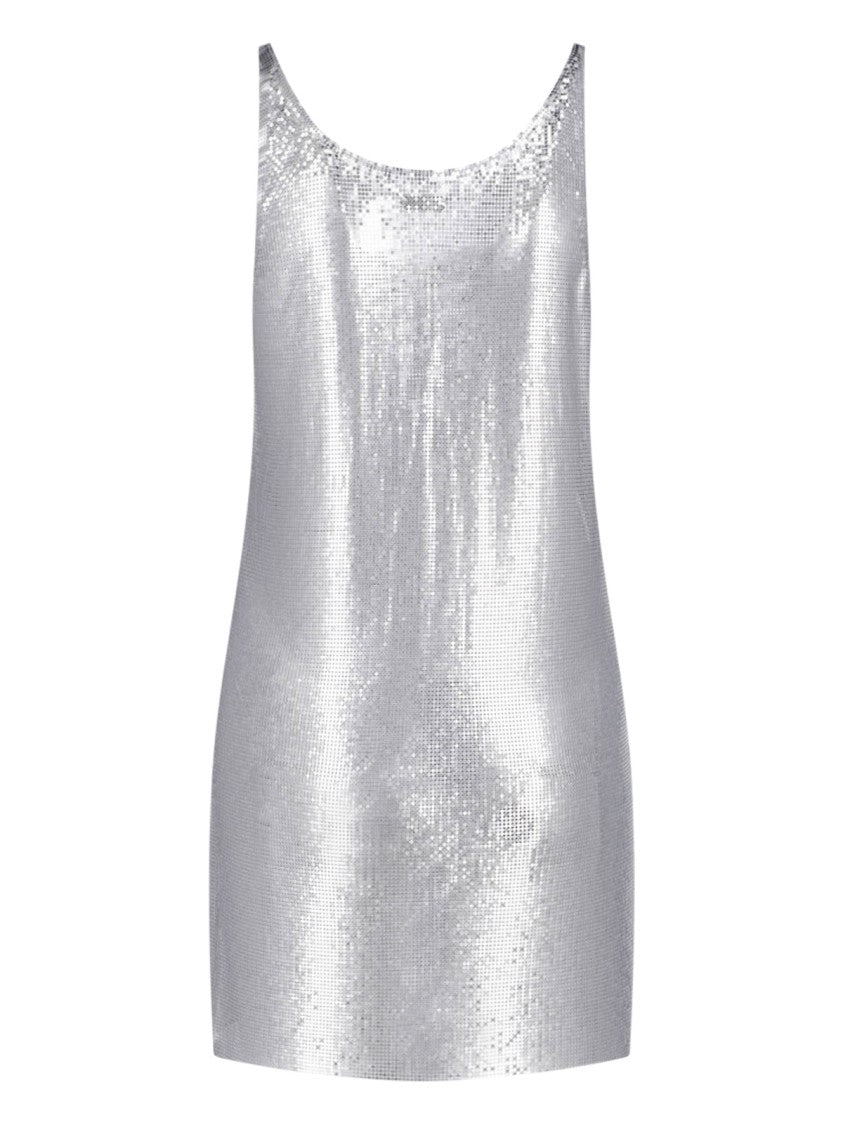 Rabanne Silver Metallic Knit Mini Dress With Minimalist Design