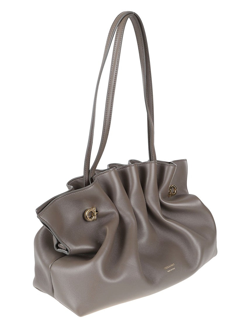 Ferragamo Soft Leather Handbag With Gathered Design And Metallic Accents