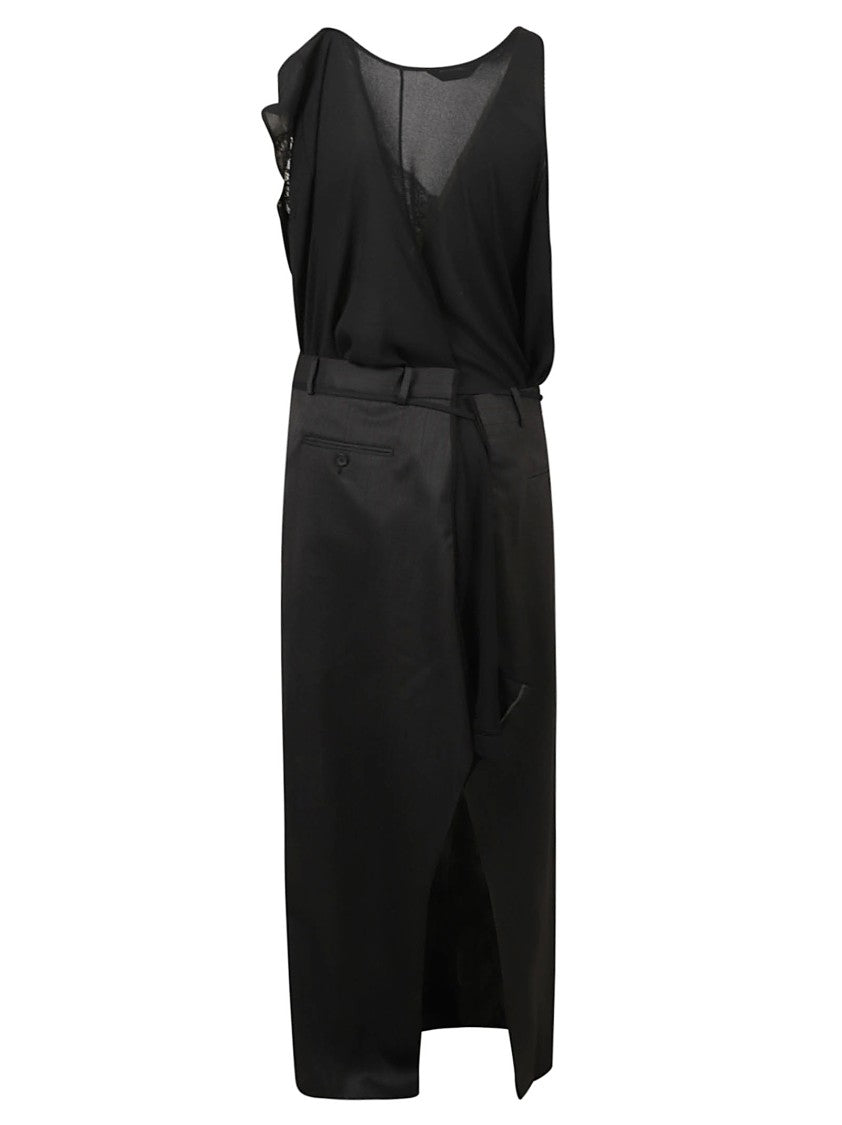 Balenciaga Long Black Georgette Dress With Asymmetrical Straps And Lace Trim