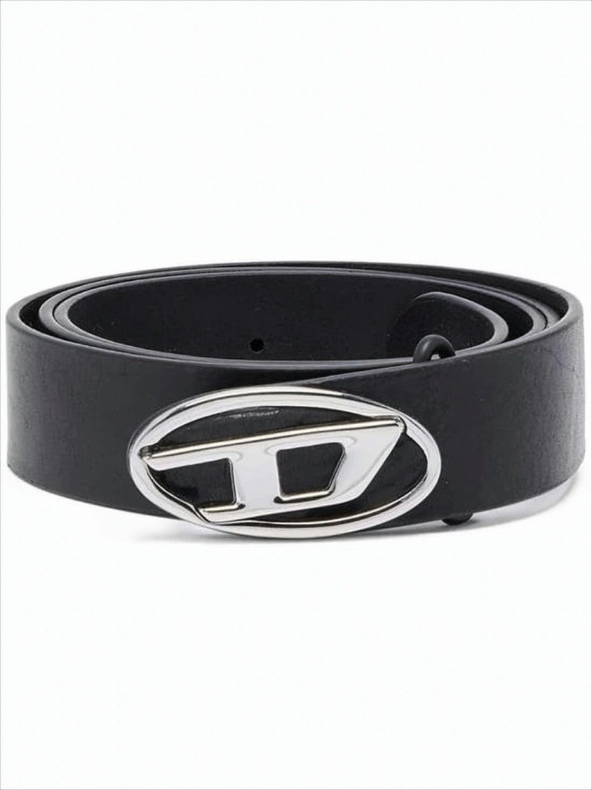 Diesel Smooth-Finish Black Leather Belt With Oval Silver Buckle