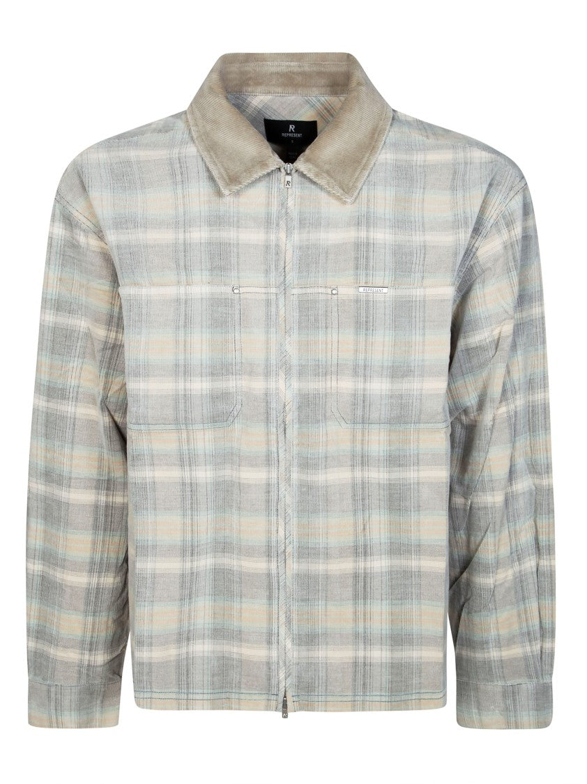 Represent Neutral Plaid Zip Up Shirt