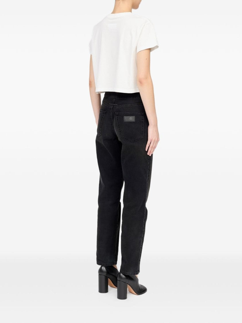 Mm6 By Maison Margiela Black Cropped Short-Sleeved Minimalist T-Shirt