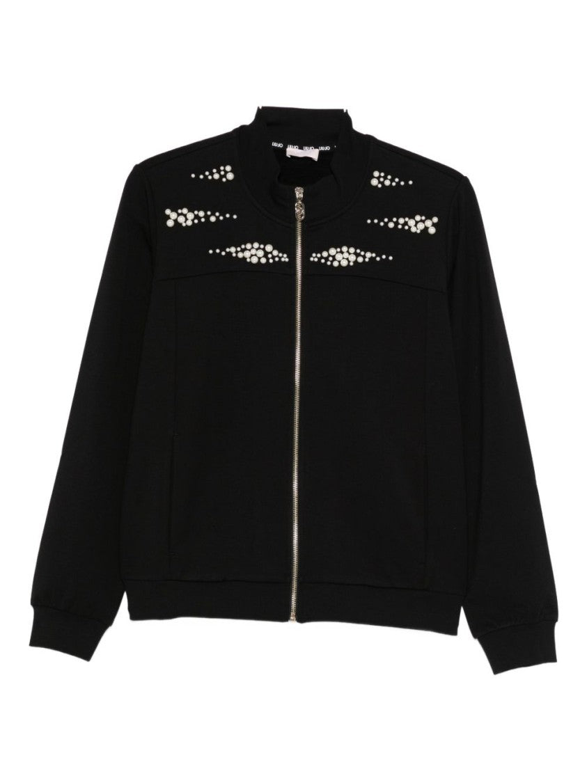 Liu Jo High Collar Black Sweatshirt With Pearl Embellishments