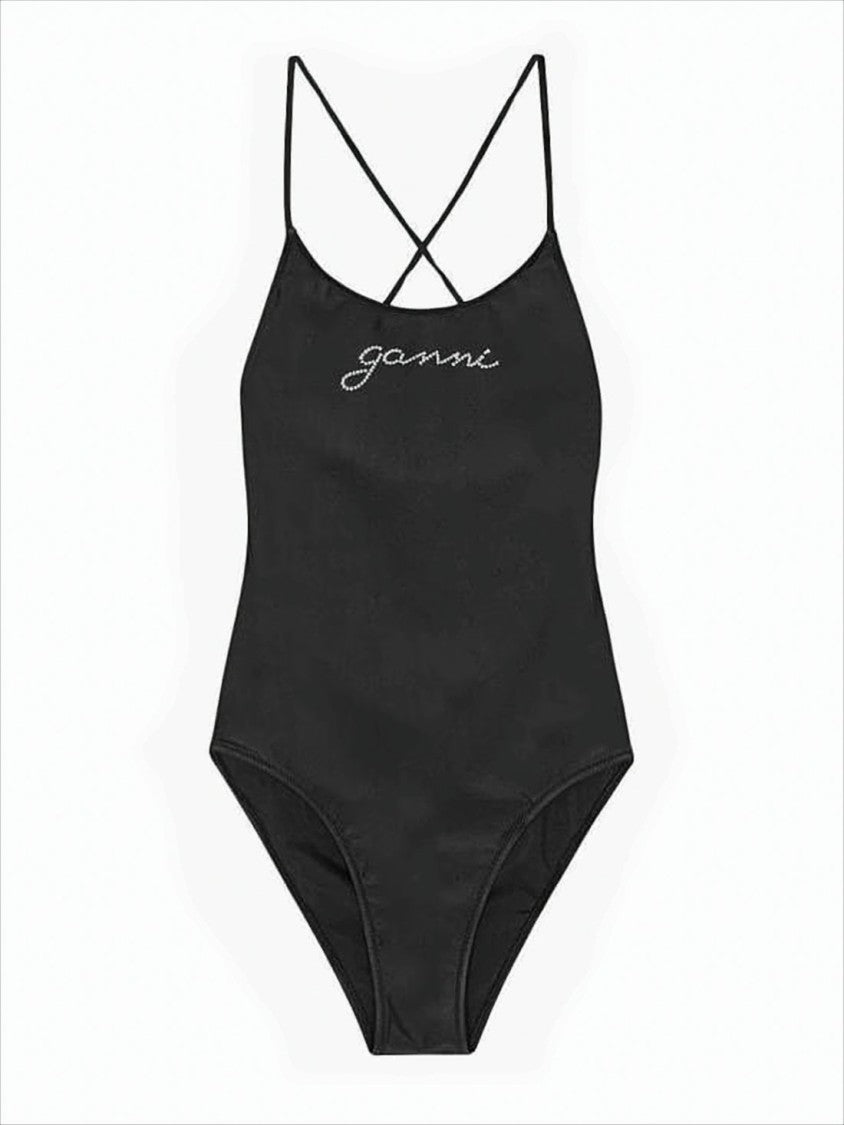 Ganni Crisscross-Back One-Piece Swimsuit With Subtle Logo Detail
