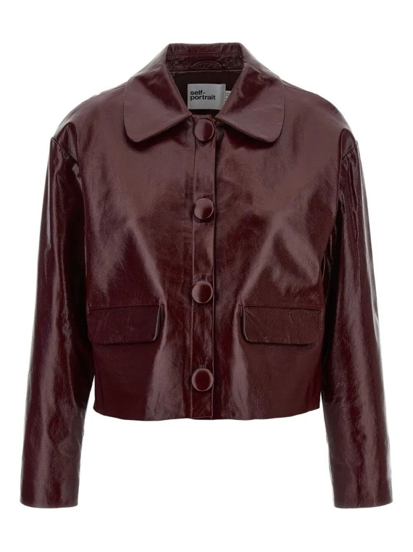Self-Portrait Cropped Burgundy Leather Jacket