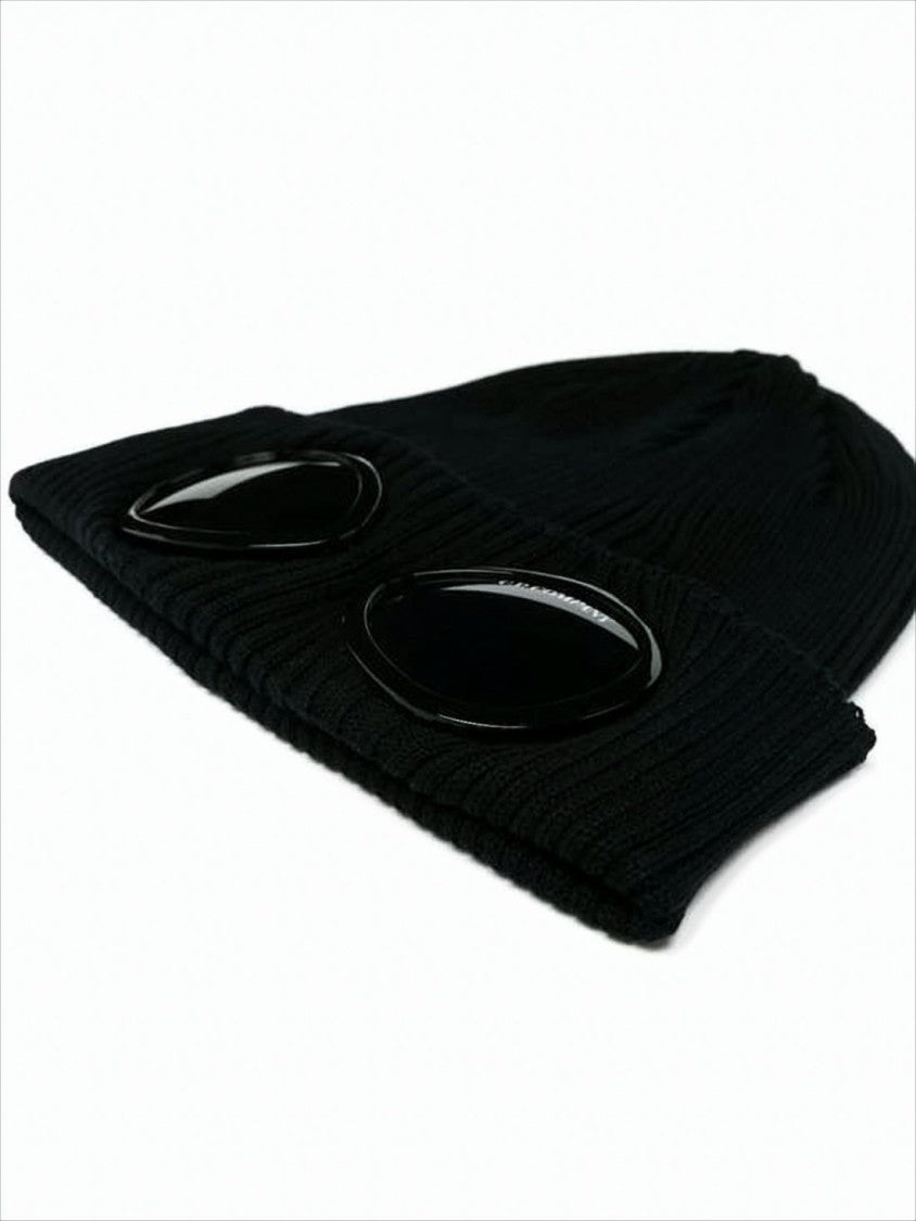 C.P. Company Black Ribbed Knit Beanie With Integrated Oval Goggles