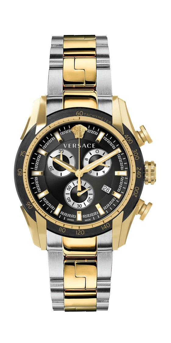 Versace Bicolor Stainless Steel Chronograph Watch With Black Bezel