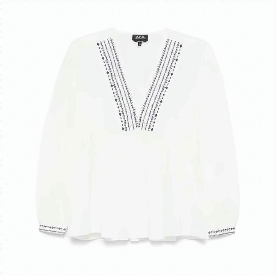 A.P.C. Flowing White Blouse With Blue Embroidery