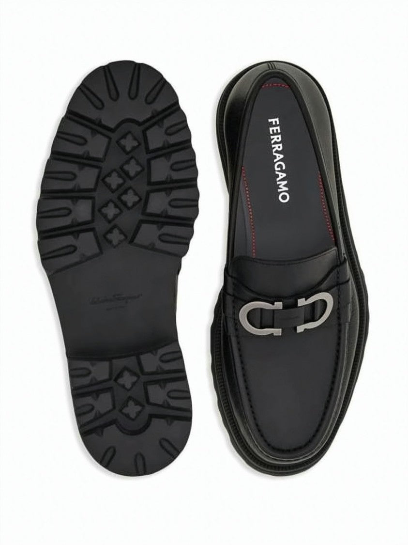Salvatore Ferragamo Black Calf Leather Loafers With Silver Metal Detail