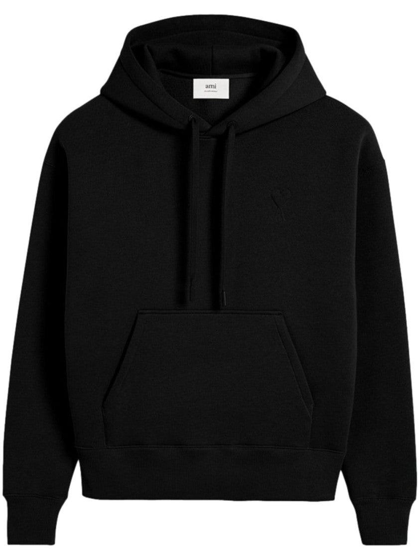 Ami Black Hoodie With Embroidered Logo And Kangaroo Pocket