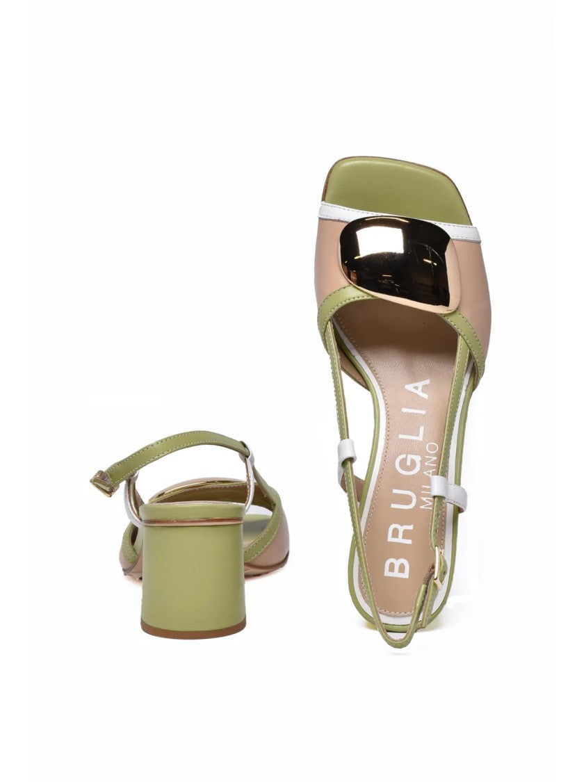 Bruglia Beige Green Metallic Leather Heels