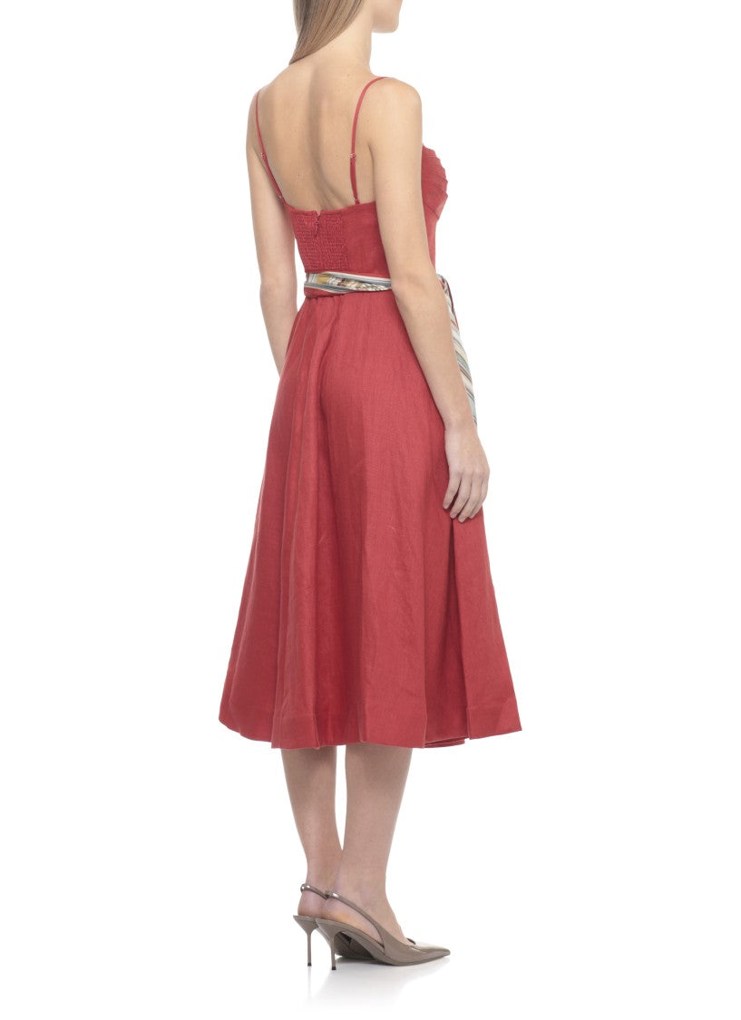 Zimmermann Fitted Midi Linen Dress With Striped Foulard Belt