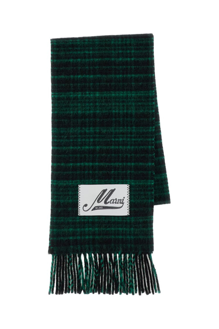 Marni Fringed Check Pattern Wool Blend Scarf