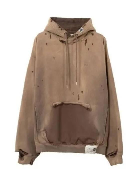 Maison Mihara Yasuhiro Distressed Brown Hoodie With Frayed Edges And Kangaroo Pocket