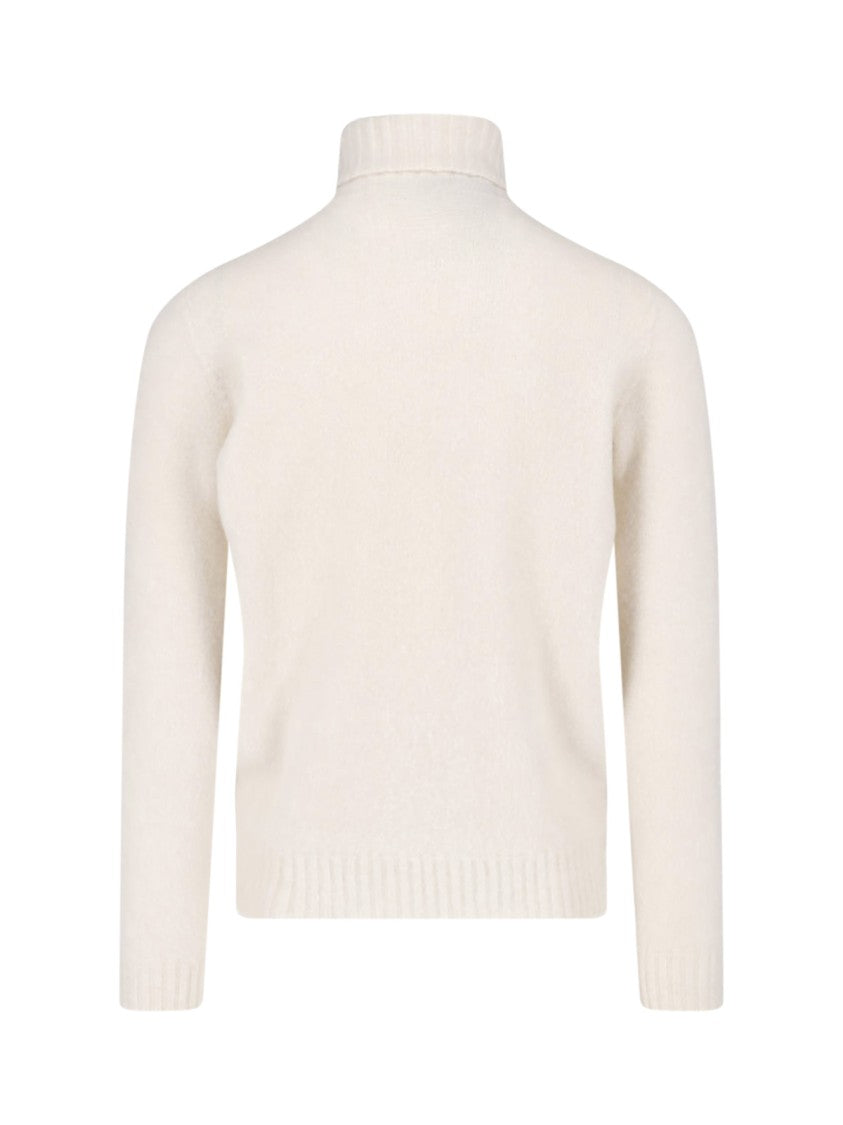 Drumohr High Neck White Wool Sweater With Ribbed Details