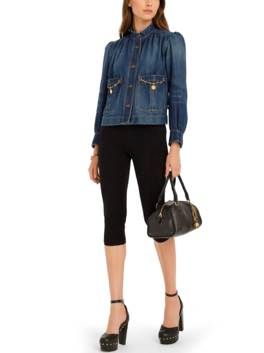 Chloé Denim High Neck Jacket With Gathered Detailing And Gold Accents