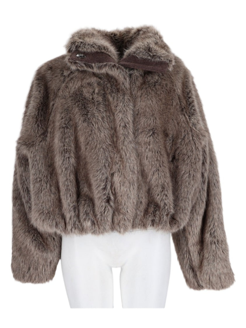 Alysi Grey Cropped Faux Fur Collar Jacket