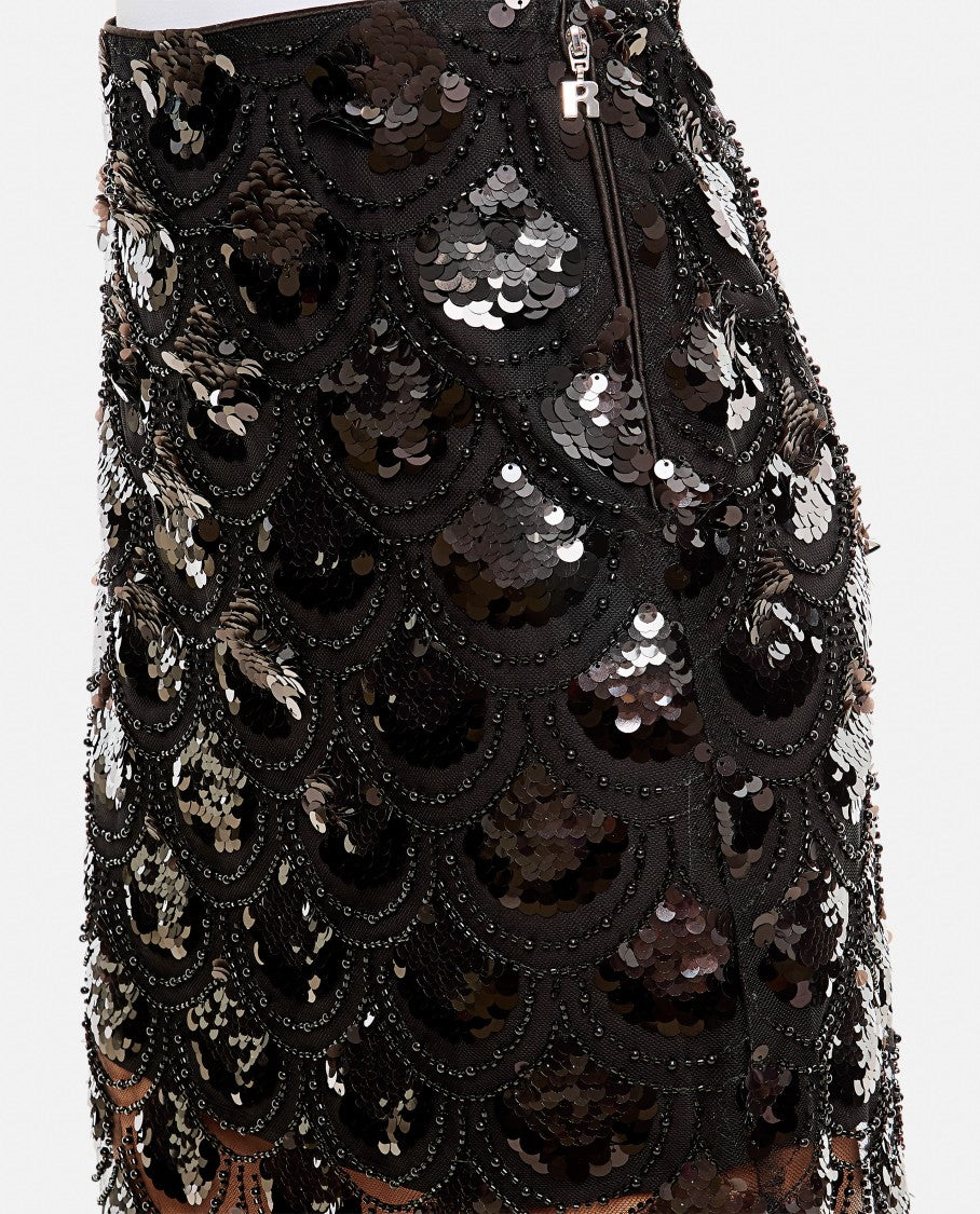 Rotate Scalloped Hem Black Sequin Skirt