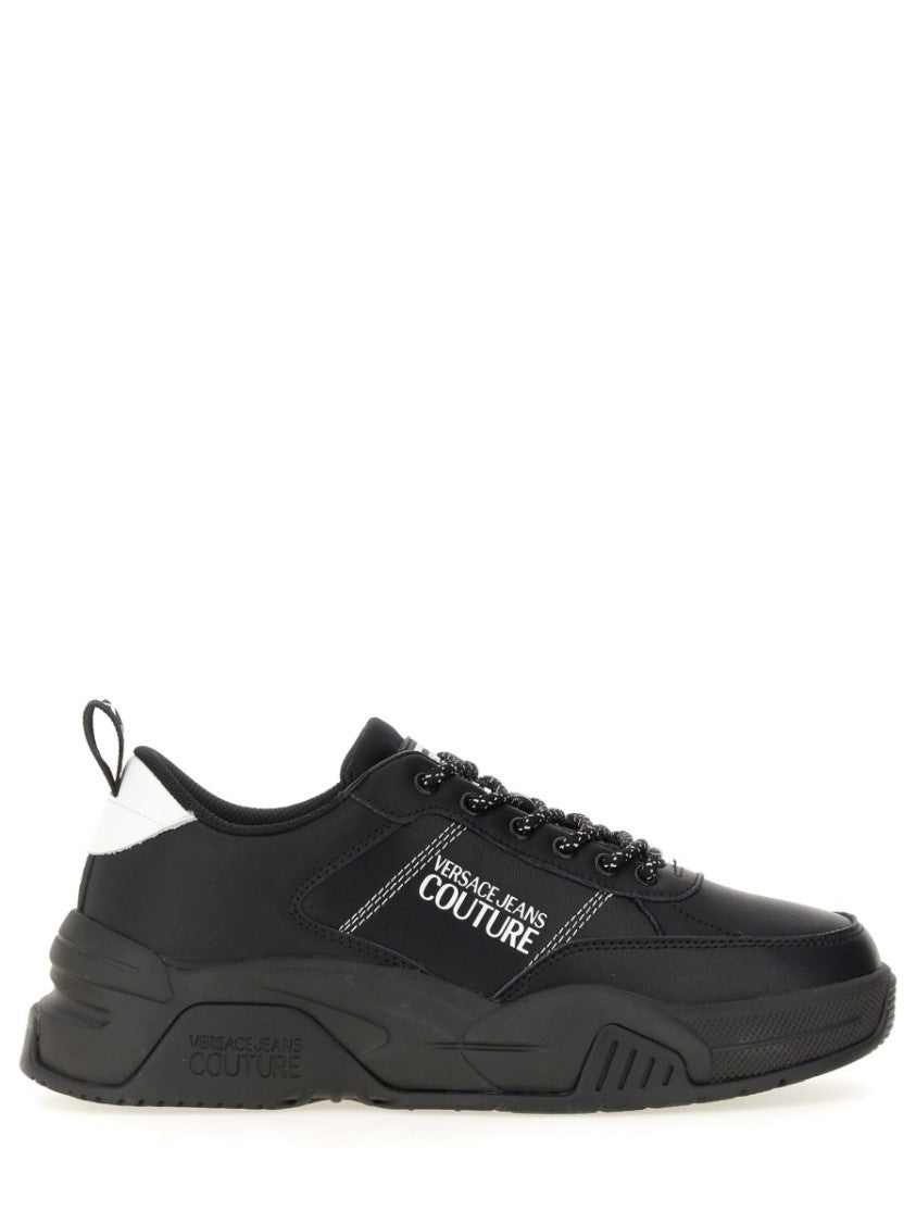 Versace Jeans Couture Chunky Black Sneakers With Prominent Logo And Laces